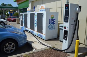 Hooked up, the cable is just long enough, park to the right of the parking space